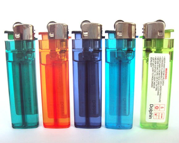 disposable flint lighter with black head and transparent tank