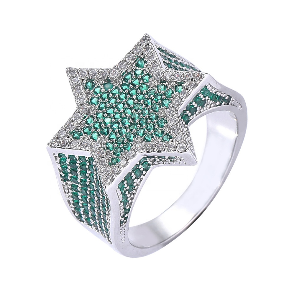 Emerald Pentagram Ring Micro-set Zircon Personality Men's Trendy Hip Hop Ring