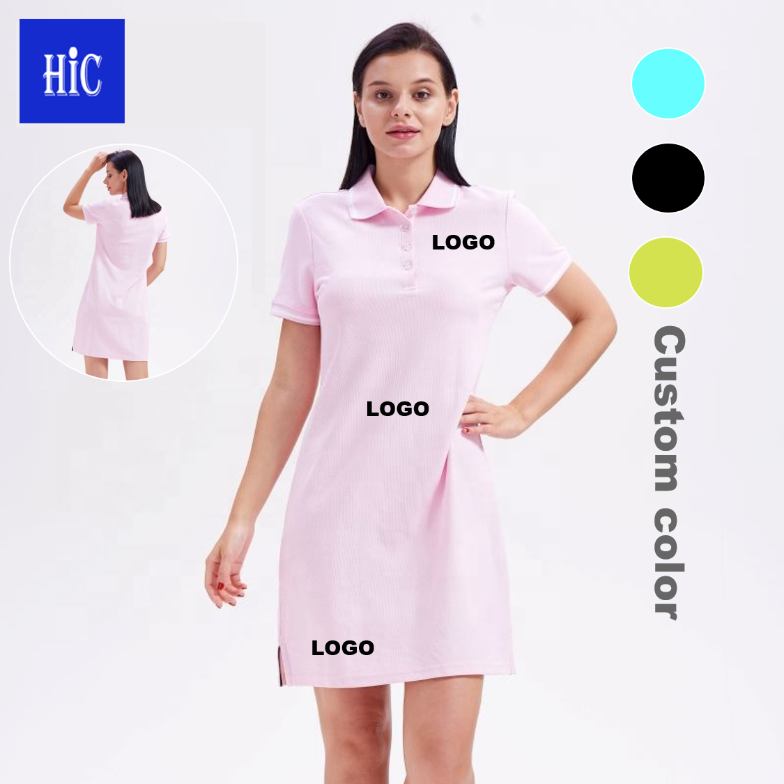 HIC, оптовая продажа, женское Повседневное платье-поло, вышитый значок, стрейчевая хлопковая мини-рубашка поло с коротким рукавом, рубашка для гольфа с логотипом на заказ