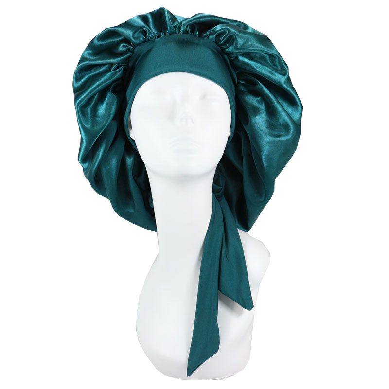 Women Lace-up Large High Elastic Night Cap Plain Double-layer Satin Shower Cap Faux Silk Hair Care Cap with Adjusting Buckle
