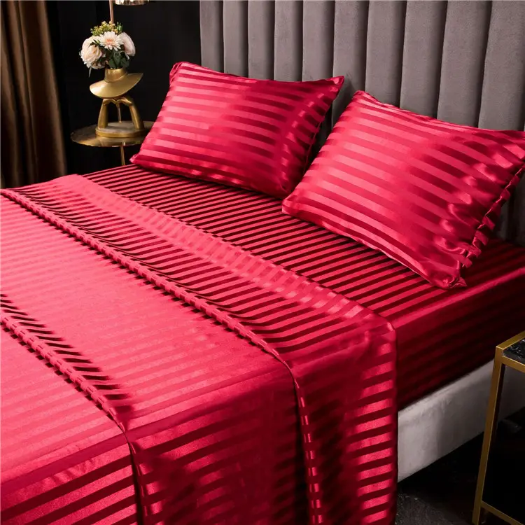 4 pieces Satin Bed Sheet Set, Stripes Bed Sheets/