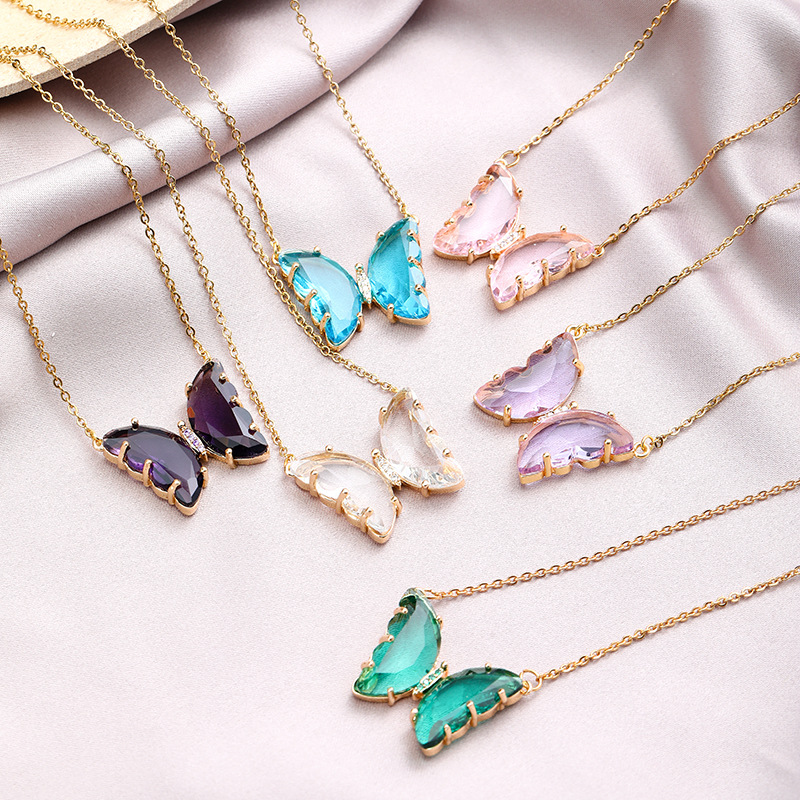 Boutique Stainless Steel Six Colors Crystal Butterfly Pendant Necklace For Women Glamour Female Color Butterfly Jewelry