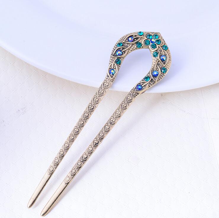 Vintage Accessories Antique Bronze Plated Hairpins U shape Stick Pin Women Rhinestone Flower Hair Jewelry