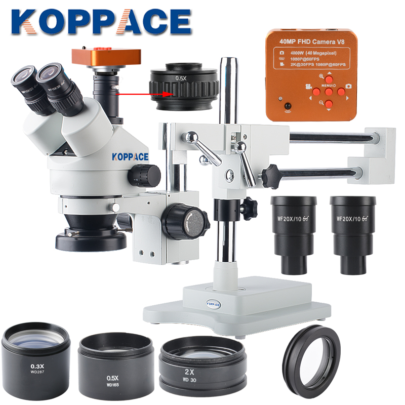 Тринокулярный стереомикроскоп KOPPACE 2,1x-180X, 40 миллионов пикселей, промышленный микроскоп, камера, микроскоп для ремонта мобильных телефонов