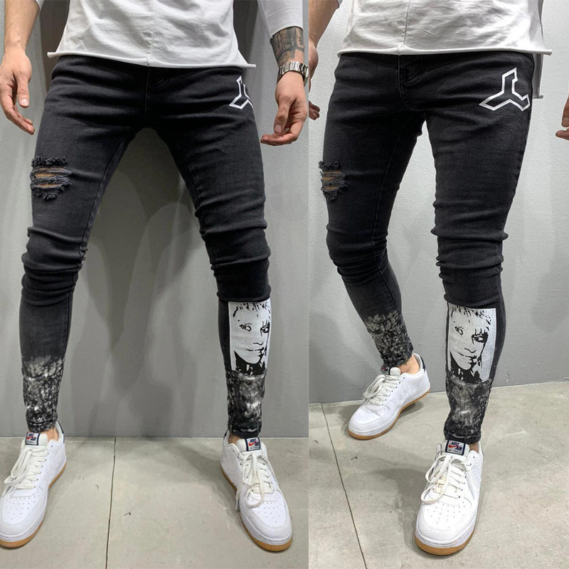 2022 New Arrival European and American Fashion Men's Ripped Stretch Jeans Skinny With novelty Printed Black Jeans For Male