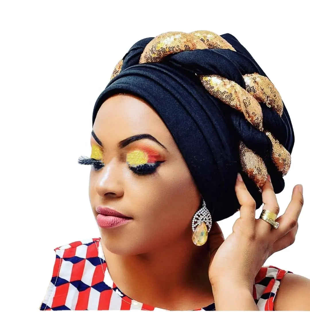 Sequin Braided Women Party Cap Wear Muslim Turban Adjustable Space Layer African Headtie Auto Gele