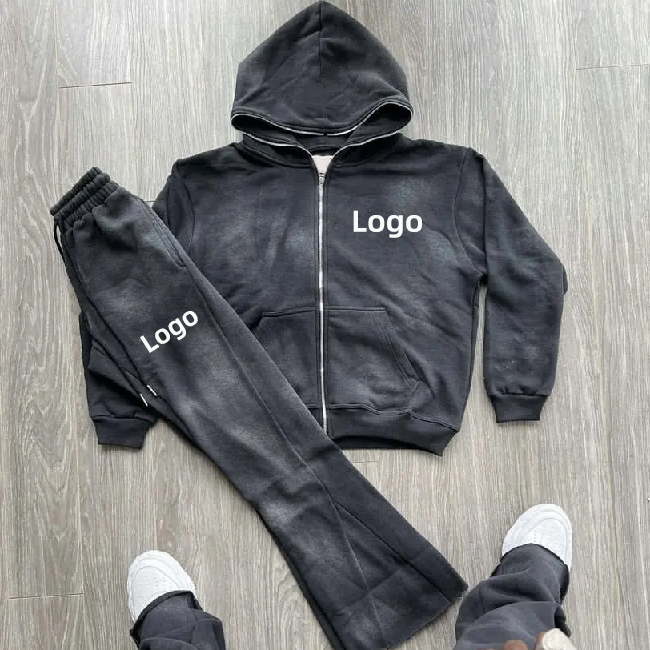 Custom Logo Vintage Sweatsuits Flared Sweatpants And Hoodie Set Streetwear Acid Wash Tracksuits