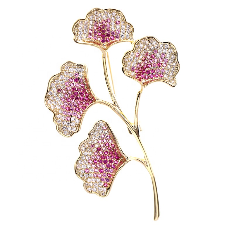 XILIANGFEIZI High Quality Ginkgo Biloba Corsage Suit Accessories Luxury Women Zircon Pin Plant Brooches