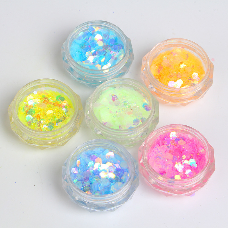 Christmas 6 Color Florescent Sequins Nail Art Glitter Mix Eye Makeup Luminous Shiny Chunky Glitter Powder
