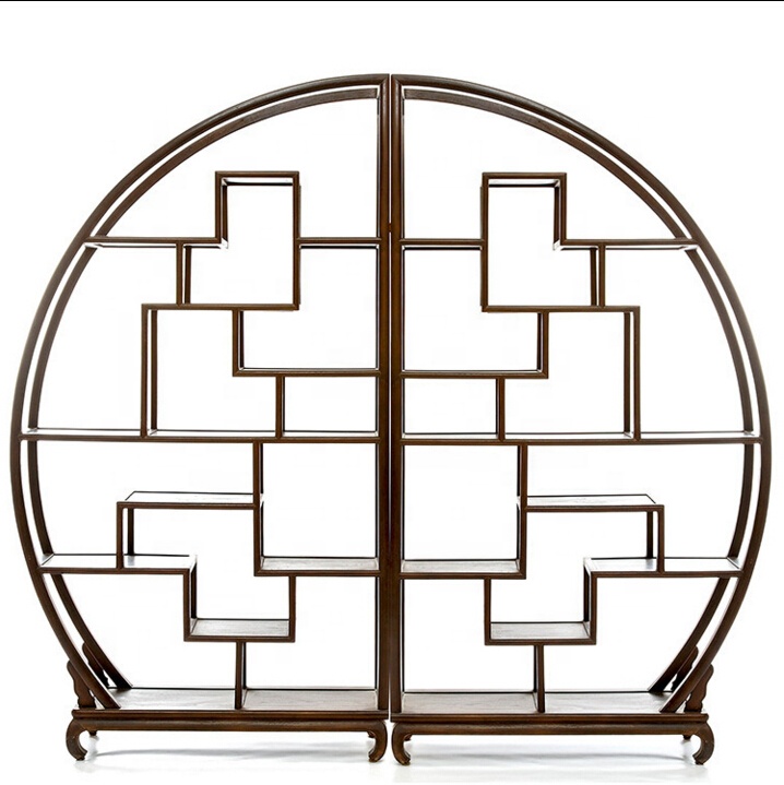 Vintage Industrial Antique Chinese Style Bookcase Solid Wooden Round Bookshelf