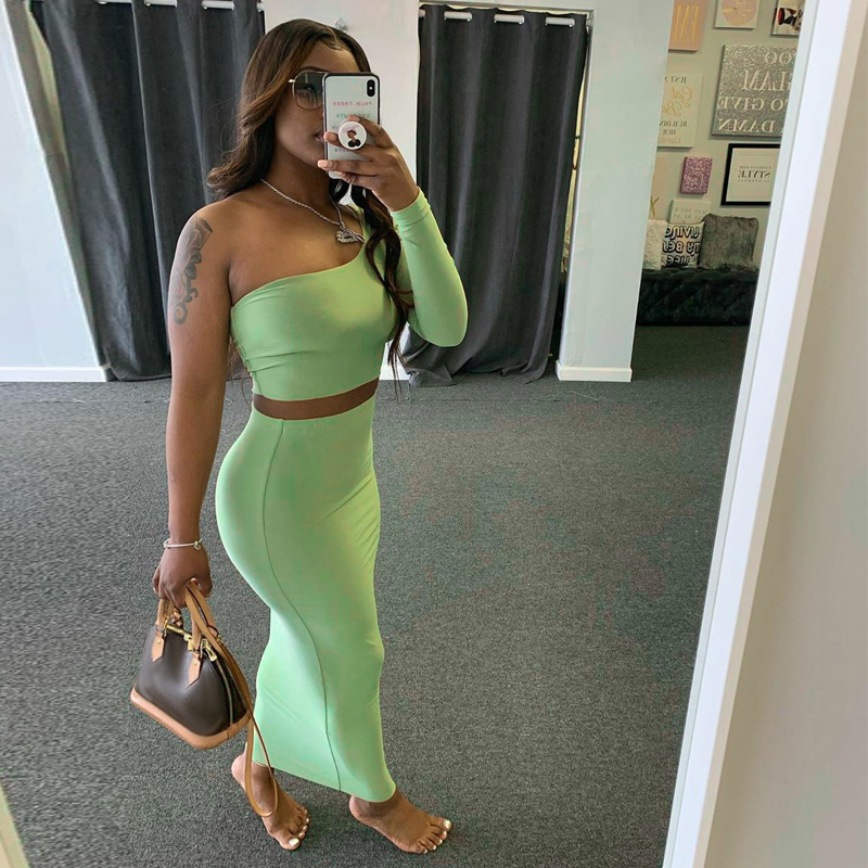 2021 New Arrivals Fall 2 Piece Skirt Set Women Maxi Matching Long Outfits Ladies Midi Crop Top Two Piece Skirt Set