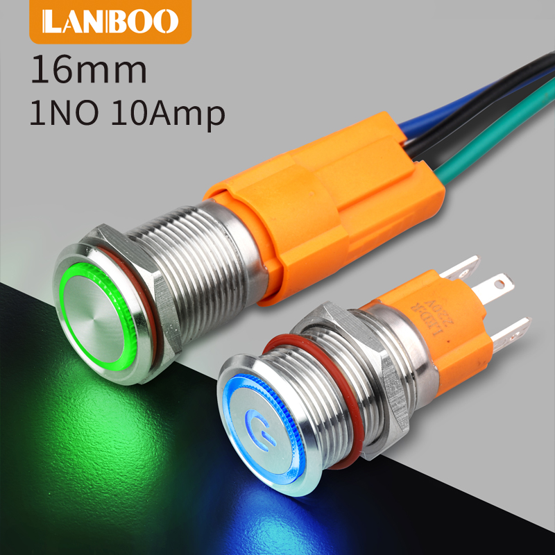 Металлическая мгновенная кнопка LANBOO 16B серии IP65 с высокой головкой и светодиодным кольцом