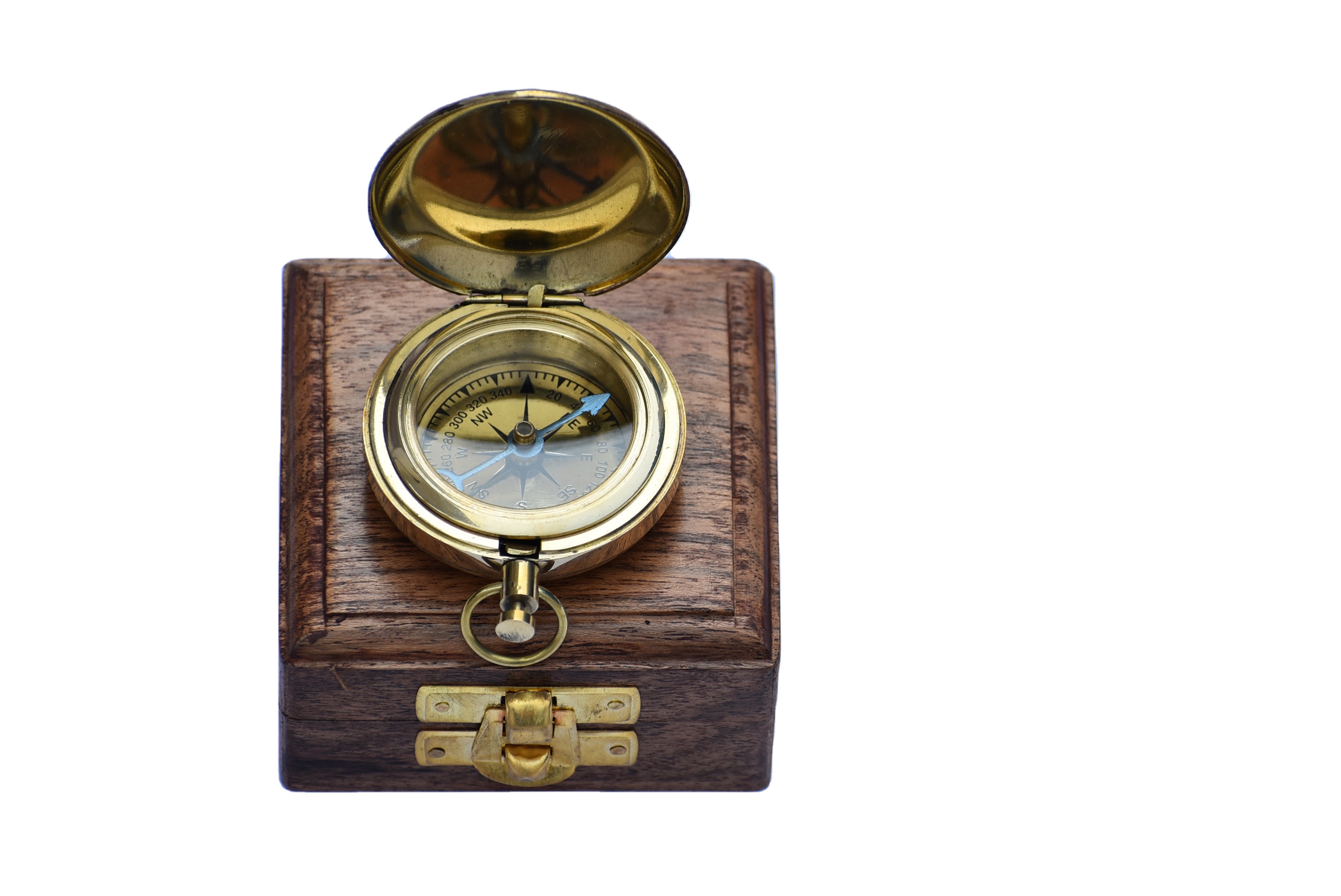 Vintage Style Brass Pocket Compass Push button Flat Compass w/Lid - Brown -Wooden Box Brass Polished Gift Item