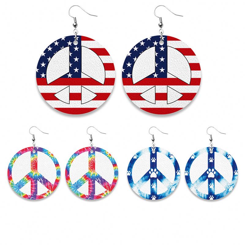 Wholesale New Earrings Creative Web Celebrity Round Geometry Tie-Dye American Flag And Flat Label Leather Pu Hoop Earrings Women