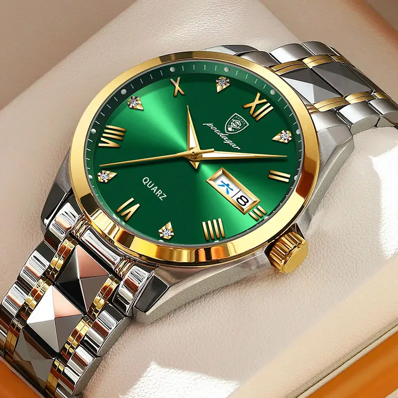 Poedagar  985 Top Brand Luxury Fashion Green Dial Watch Men Waterproof Luminous Week Date Clock Watches Mens Quartz Wristwatch