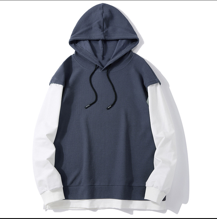 100% Cotton Knitted Grey White Color Stitching Patchwork Hoodie Men Sports Casual Streetwear