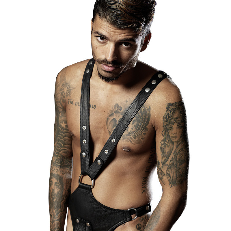 Sexy underwear men's patent leather suit one-piece uniform alluring strap men's sexy lingerie