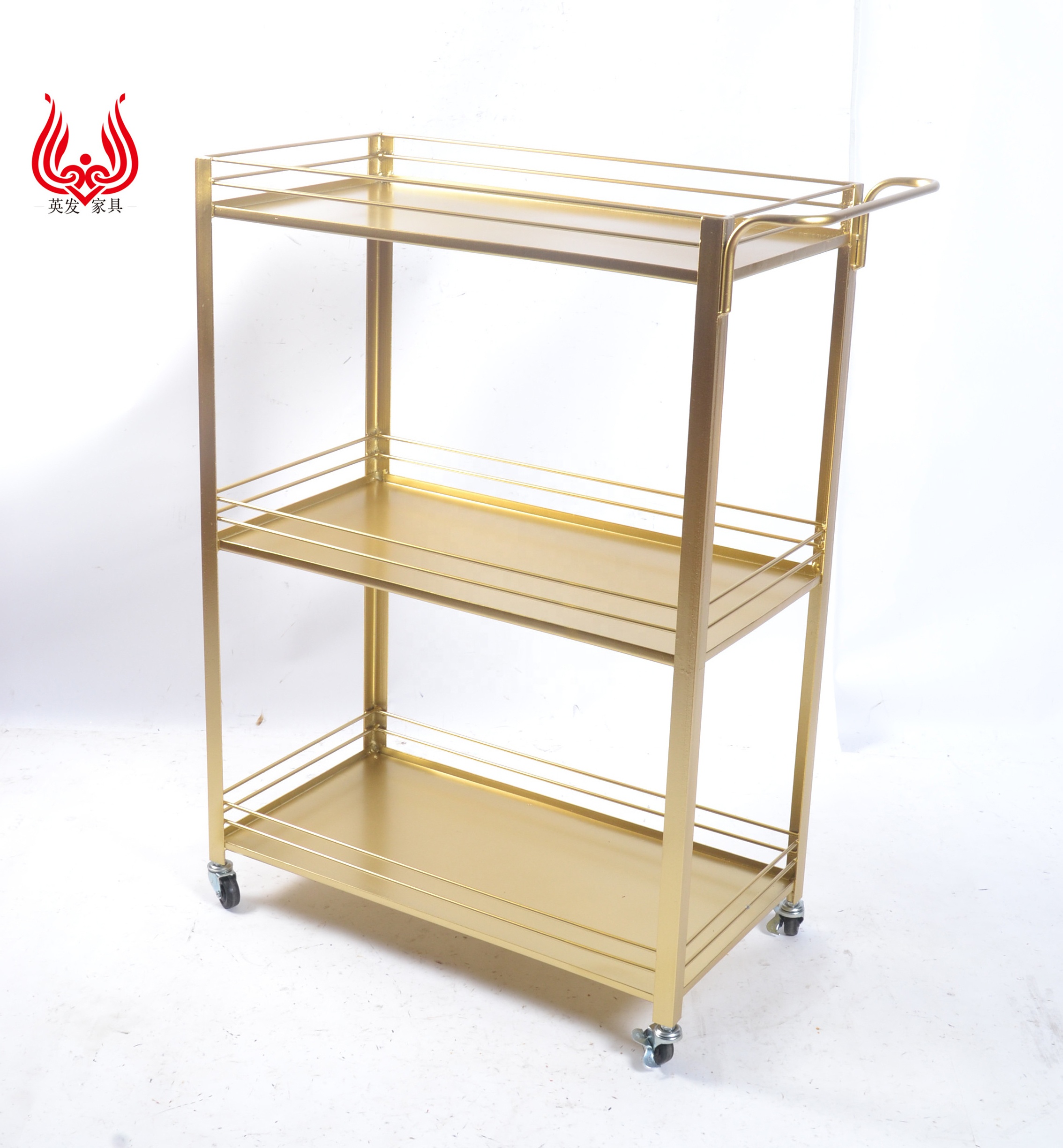 Portable 3 Tire Multifunction Utility Storage Organizer Craft Cart Metal Gold Rolling Dolly Trolley Cart with Wheels
