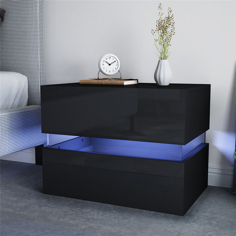 Luxury Black Led Bedside Cabinet High Gloss Night Table With 2 Drawers