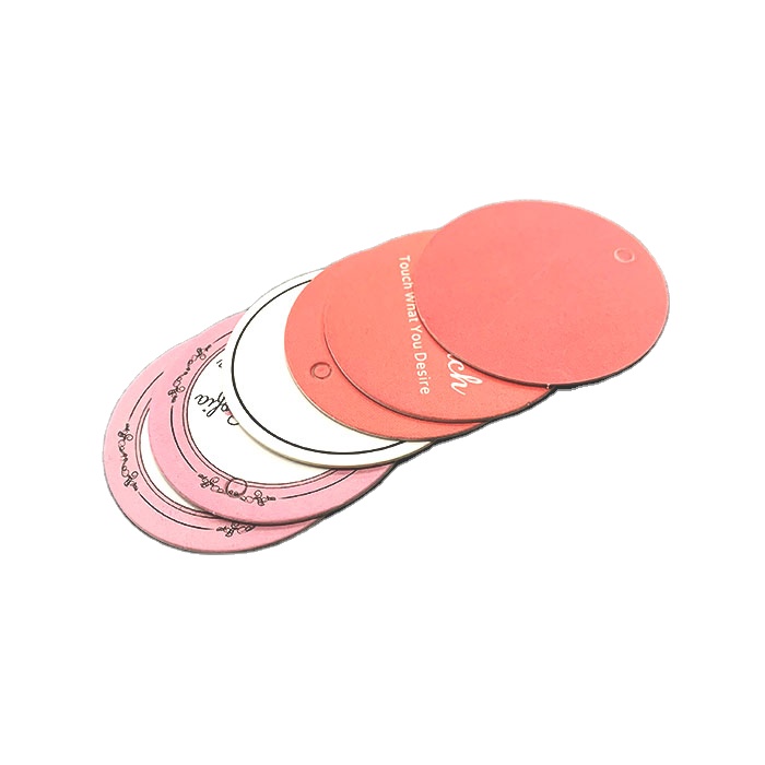 Round hang tags design custom logo tags for jeans and clothes low price fashion customized pvc TPU coated paper hangtags