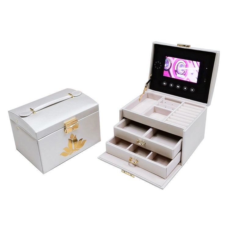 PU ring jewelry storage gift packaging display screen player jewelry box with lcd video