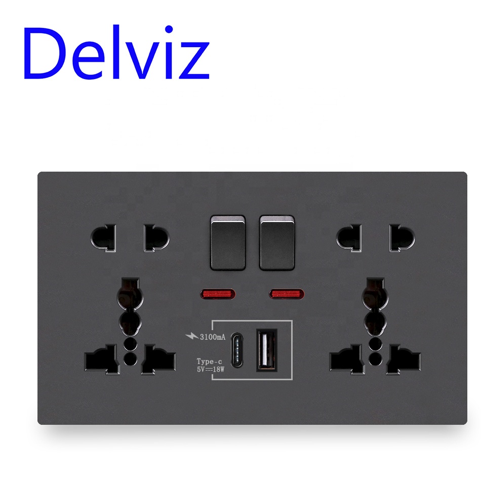 Розетка настенная Delviz 13A с двумя интерфейсами и выключателем, универсальное устройство быстрой зарядки с USB портом 1A1C, 5 В, 3 А, 18 Вт