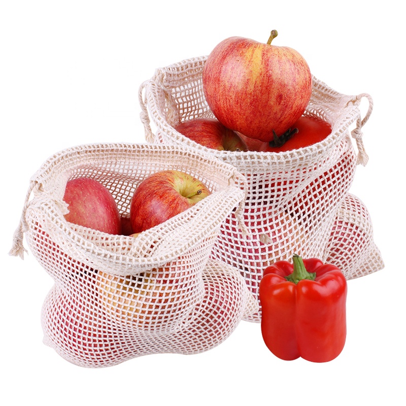 Eco-friendly Drawstring 100% cotton mesh bag fruit