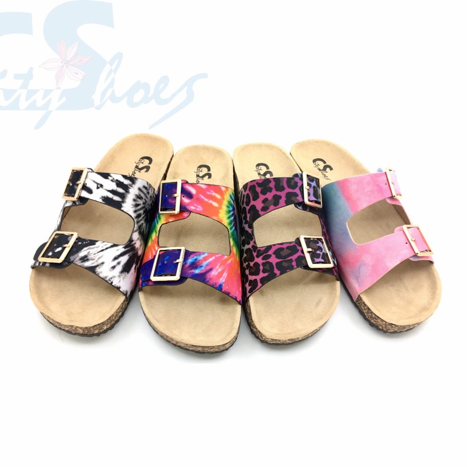 tie dye fashion birken cork shoes Summer Beach slides ladies slippers charming Latest Design women sandals slippers