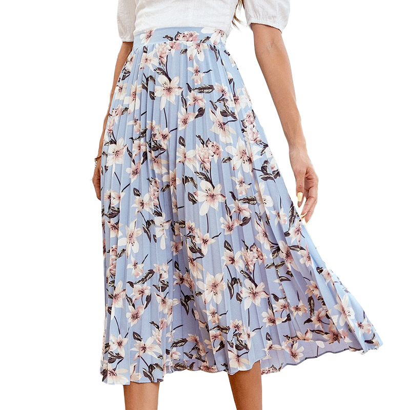 Popular Style Baby Blue Floral Pleated High Waist Skirt Womens Skirts Midi Summer