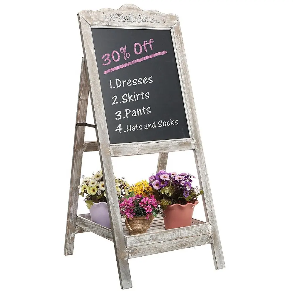 Decorative Vintage White Washed Brown Wood Large Freestanding Chalkboard Message Board Easel with Storage Tray