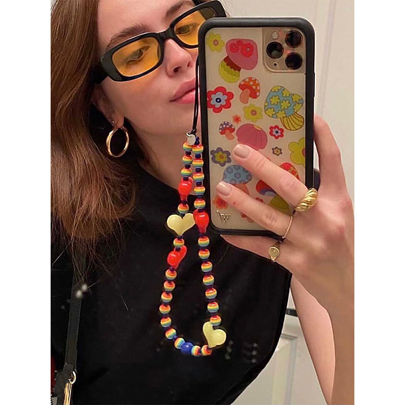 C0002 handmade colorful heart acrylic long chain cell phone cords boho rainbow plastic beaded chain mobile phone strap lanyard