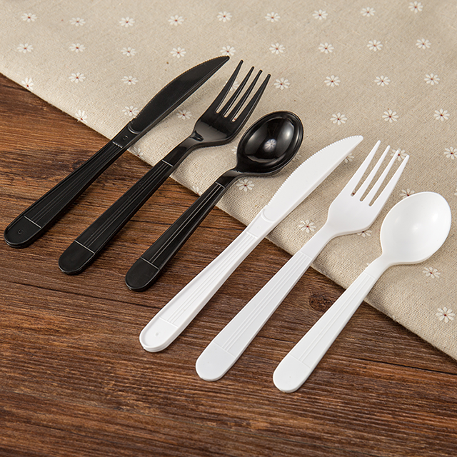 7 Inch Heavy Weight Black PS Plastic Fork Teaspoon And Knife Cutlery