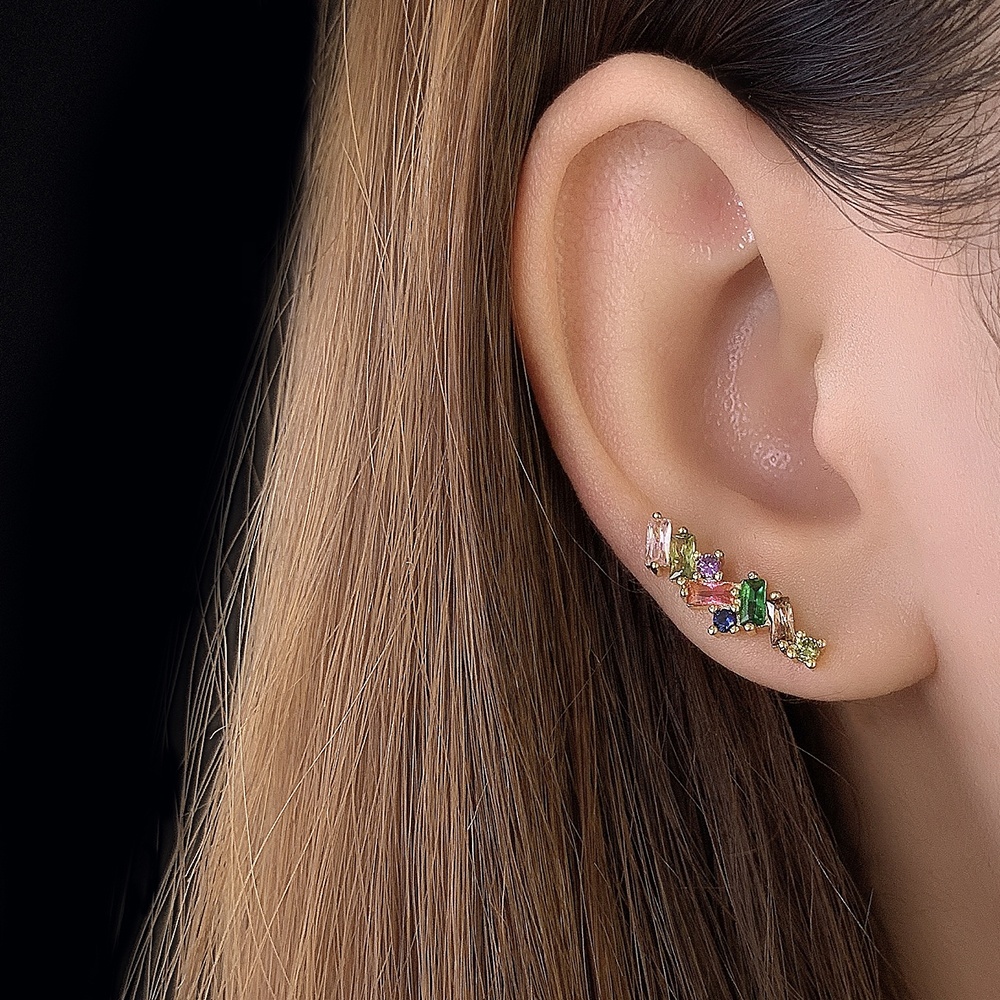 bling iced out cz earrings plated gold baguette colorful diamond silver stud earrings