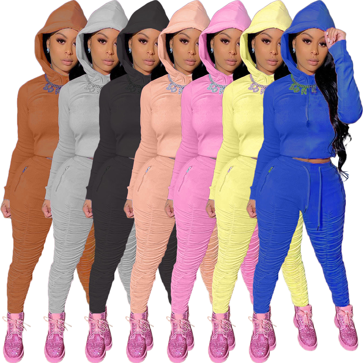 7 Colors sports pleated stack pants 2 piece set stacked pants set with hoodie pullover sweatshirt