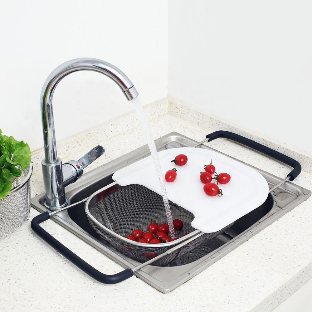 Over the Sink Stainless Steel Mesh Basket Colander with Rubber Handle