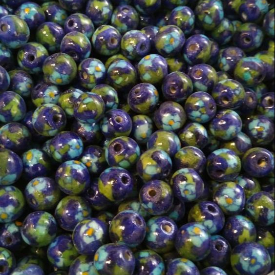 Indian Ceramic Hand painted Round Spacer Blue Pottery Rustic Porcelain Beads