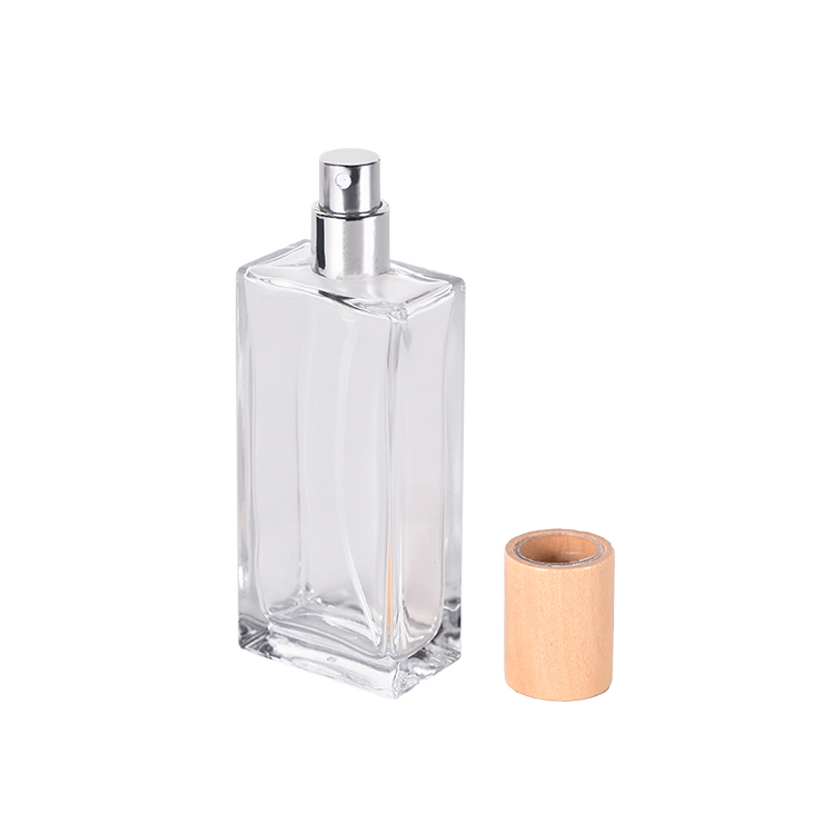 Hot-sale 50ml Empty Square Glass Cosmetic Mister Spray Bottle Rectangle Perfume Glass Aluminum Spray Bottle with Wood Cap