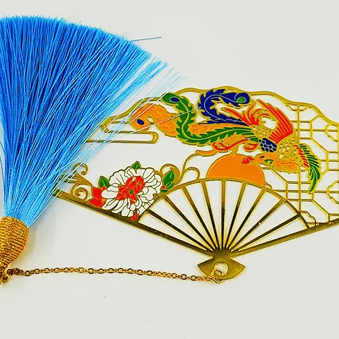 Chinese Style Crane Folding Fan Copper Metal Bookmark With Exquisite Tassel Pendant