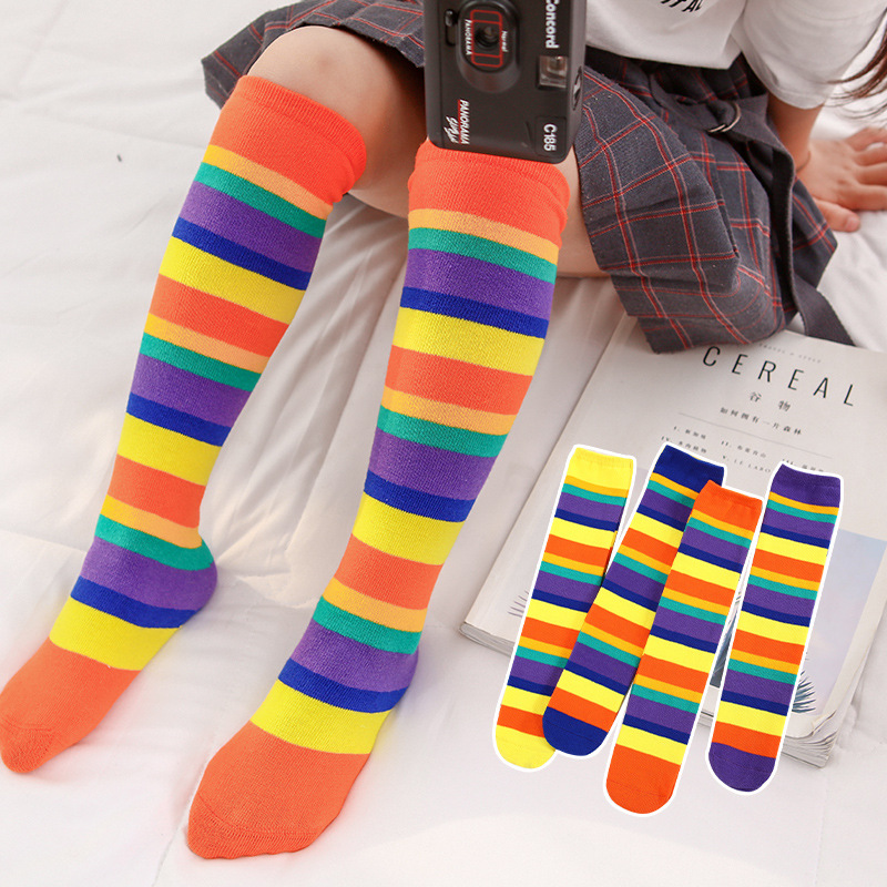 Hot selling Fashion cotton colorful stripes knee high rainbow bulk sock kids