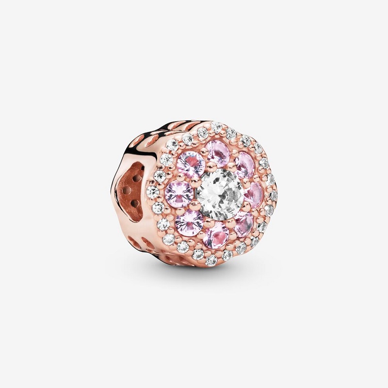 Розовый блестящий цветок, очаровательные румяна-розовые 14K розовые позолоченные розовые хрустальные лепестки, прозрачные камни, ореол, вырезанные сердца, границы, подходит для PDR