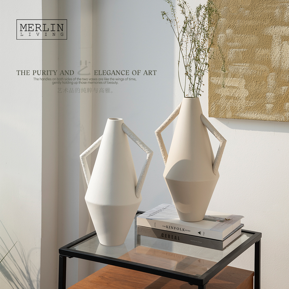 Merlin Living Decorative Nordic White Flower for Other Home Decor Accessories Modern Ceramic Vase With Handle Living Room Decor