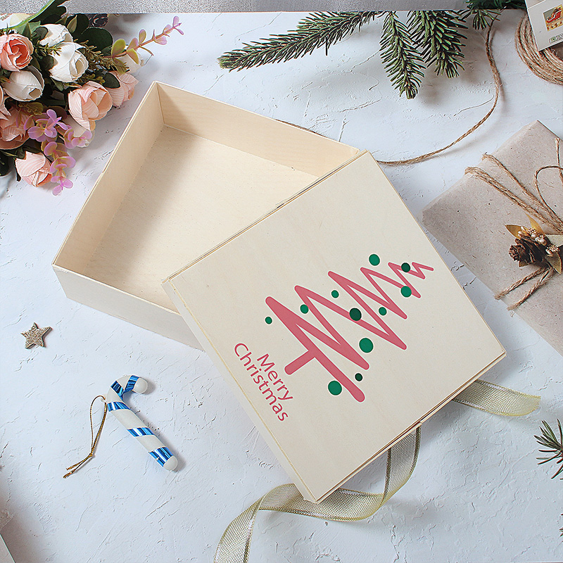 DIY Holiday Gift Box Christmas Packaging Box With Christmas Customized Logo On Wooden Lid