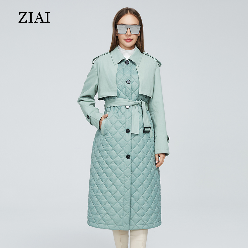 2021 Factory Wholesale New Design Ladies Casual Cotton Padded Coat Padded Trench Coat in light green
