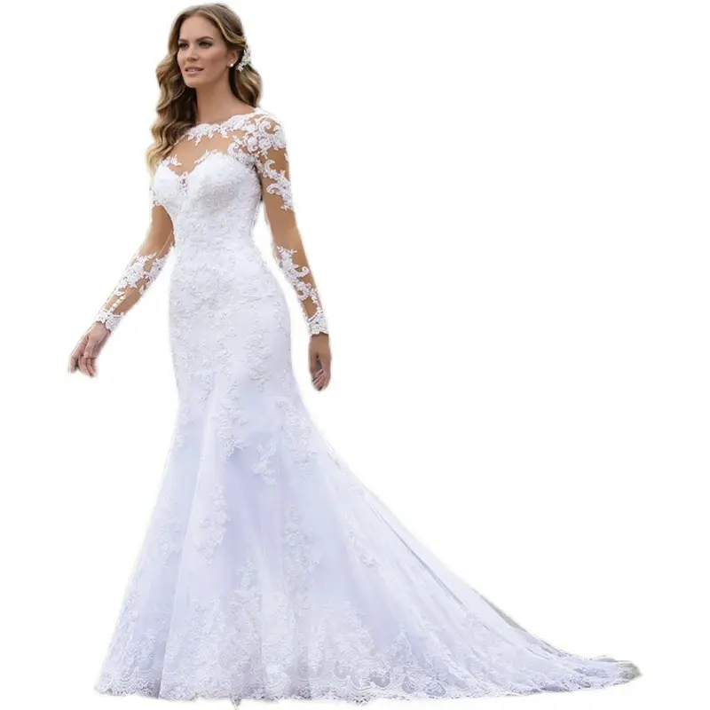 Women Round Neck  Sexy Long Sleeve Lace Wedding Dress Elegant Long Trains Wedding Dress 2023