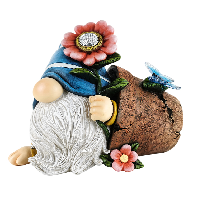 Newest Design Garden Decor Gnome Lying White Beard Grandpa Flower Pot Solar Panel Simulation Flower Lights Outdoor Decoration