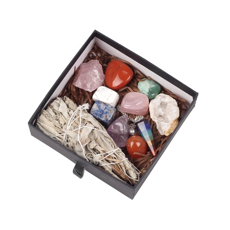 Wholesale 7 chakras reiki healing crystals stones rose quartz amethyst selenite sage box set for gift