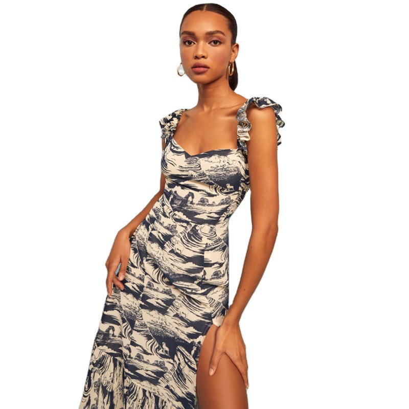 European Strap Print Ruffles Long Dress Elastic Waist Suspender Midi Skirt Women Strapless Slim Dress Split