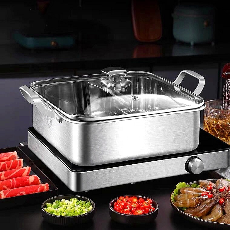 Stainless Steel Square Stock Pots, 304, ходовой шаровой Spicy Soup, Vegetable Shabu Hot Pot, Large Capacity, Stock Pots