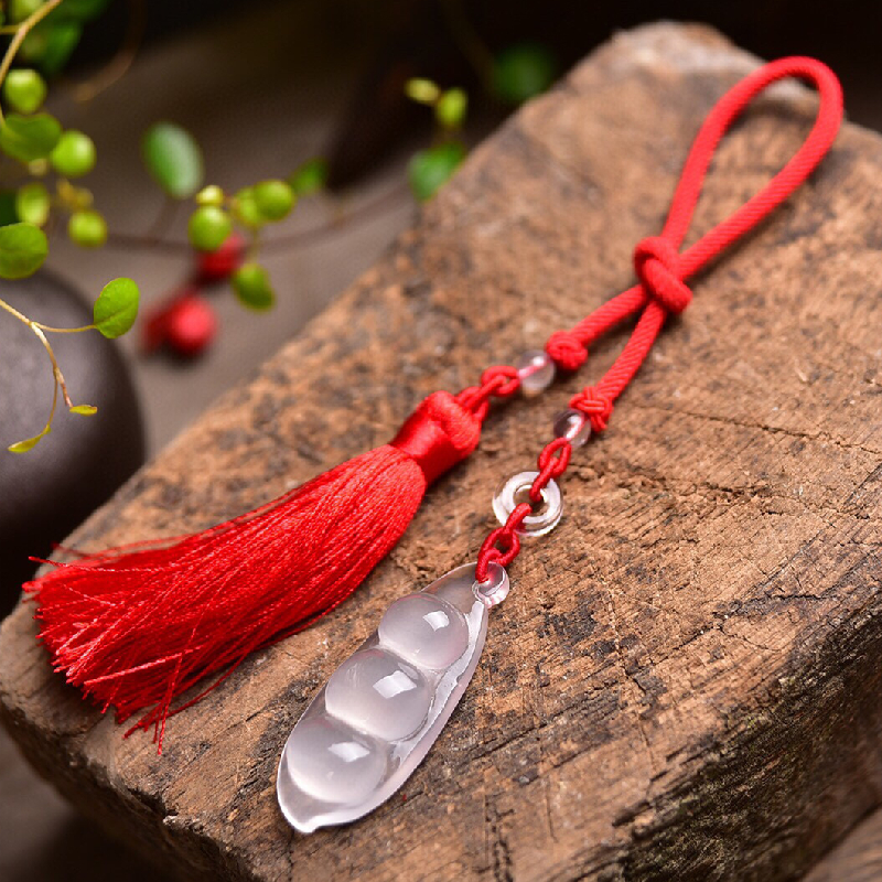 Natural milk white crystal hand-carved string bean car decoration pendant means safe travel and can bring good luck