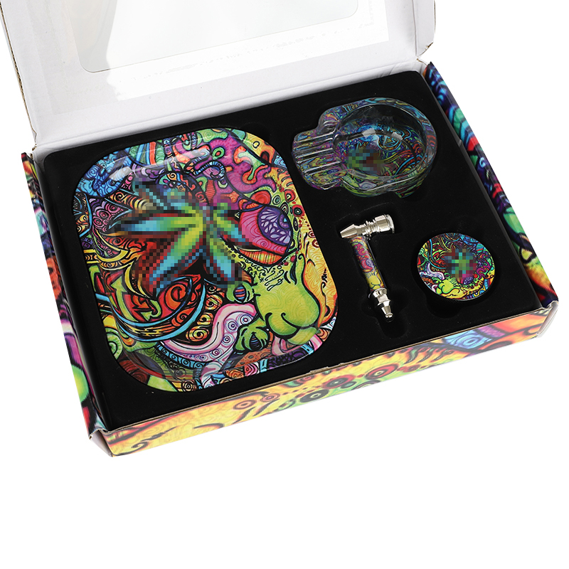 2021 newest arrival tobacco rolling tray kit smoking pipe herb grinder glass ashtray 4 in 1smoking accessories set with box